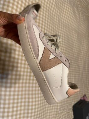 Victoria Two-Tone Suede & Leather Sneakers in Light Mauve and Cream